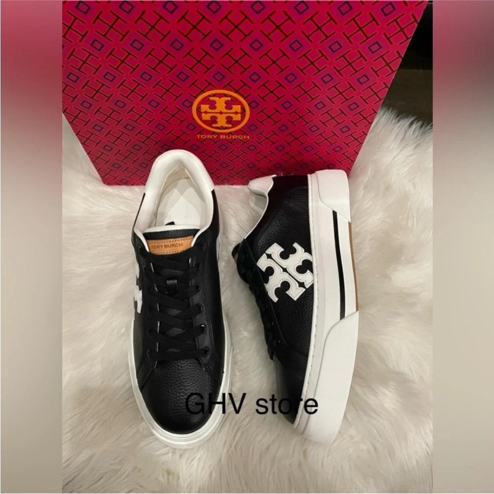 Tory Burch Black and White Leather Logo Sneakers